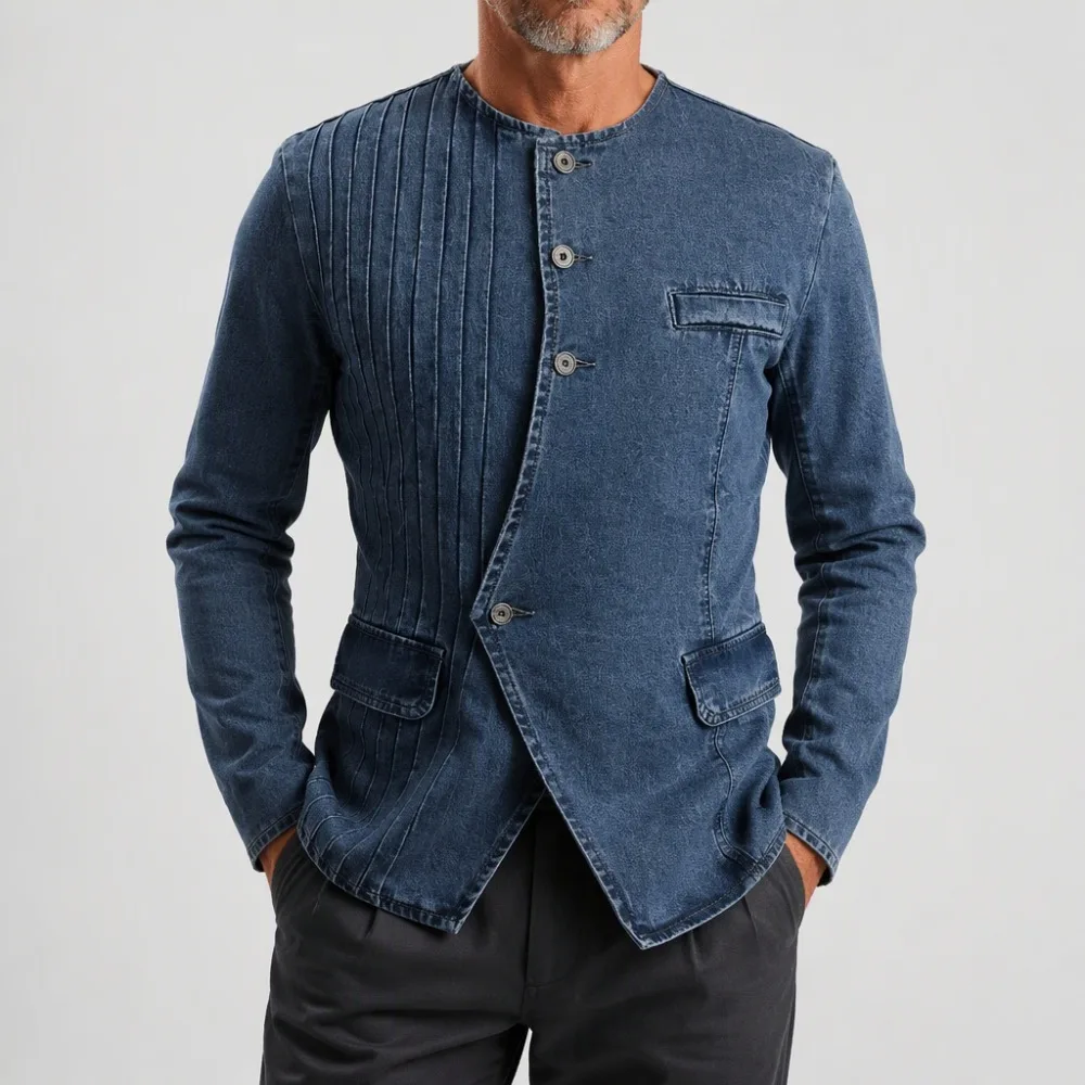 Men Blue Denim Jacket Round Collar Asymmetric Button Pleated Design Slim Fit Fashion Street Daily Casual Business Outerwear Coat