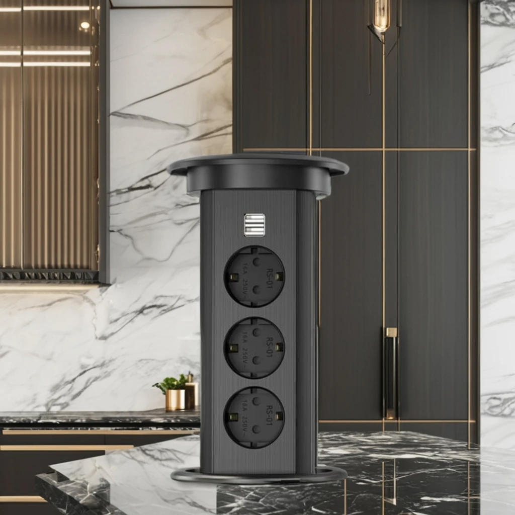 Marble Waterproof Kitchen Bar Counter Wireless Charging USB European Standard Black/Silver Retractable Hidden Table Socket 3 16A