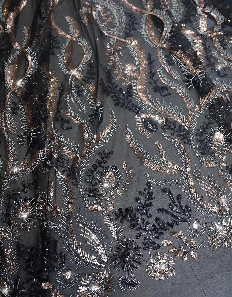 

1yard Feather-tail beaded embroidery telas con bordado New soft mesh fabric Wedding Dress cheongsam fabrics for clothing