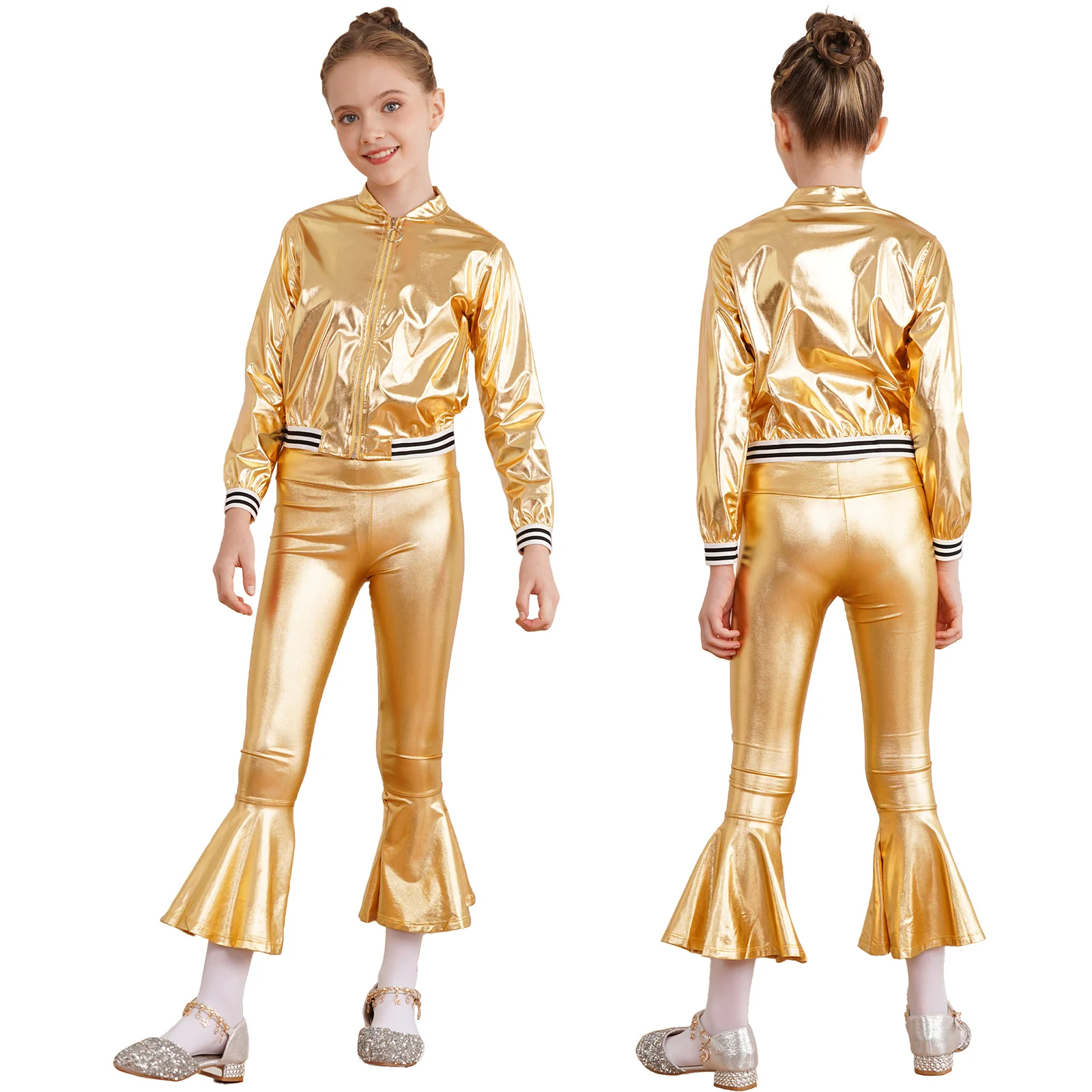 

Kids Girls Hip Hop Jazz Dance Top Jacket Metallic Long Sleeve Stand Collar Zipper Bronzing Cloth Outerwear Street Dance Wear New