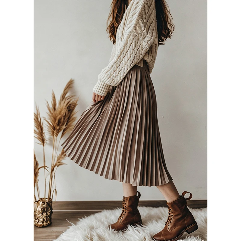 Classic Versatile Pleated Skirts Women Elegant Elastic High Waist Office Work Wear Long Skirt Autumn Casual Swing Maxi Skirts