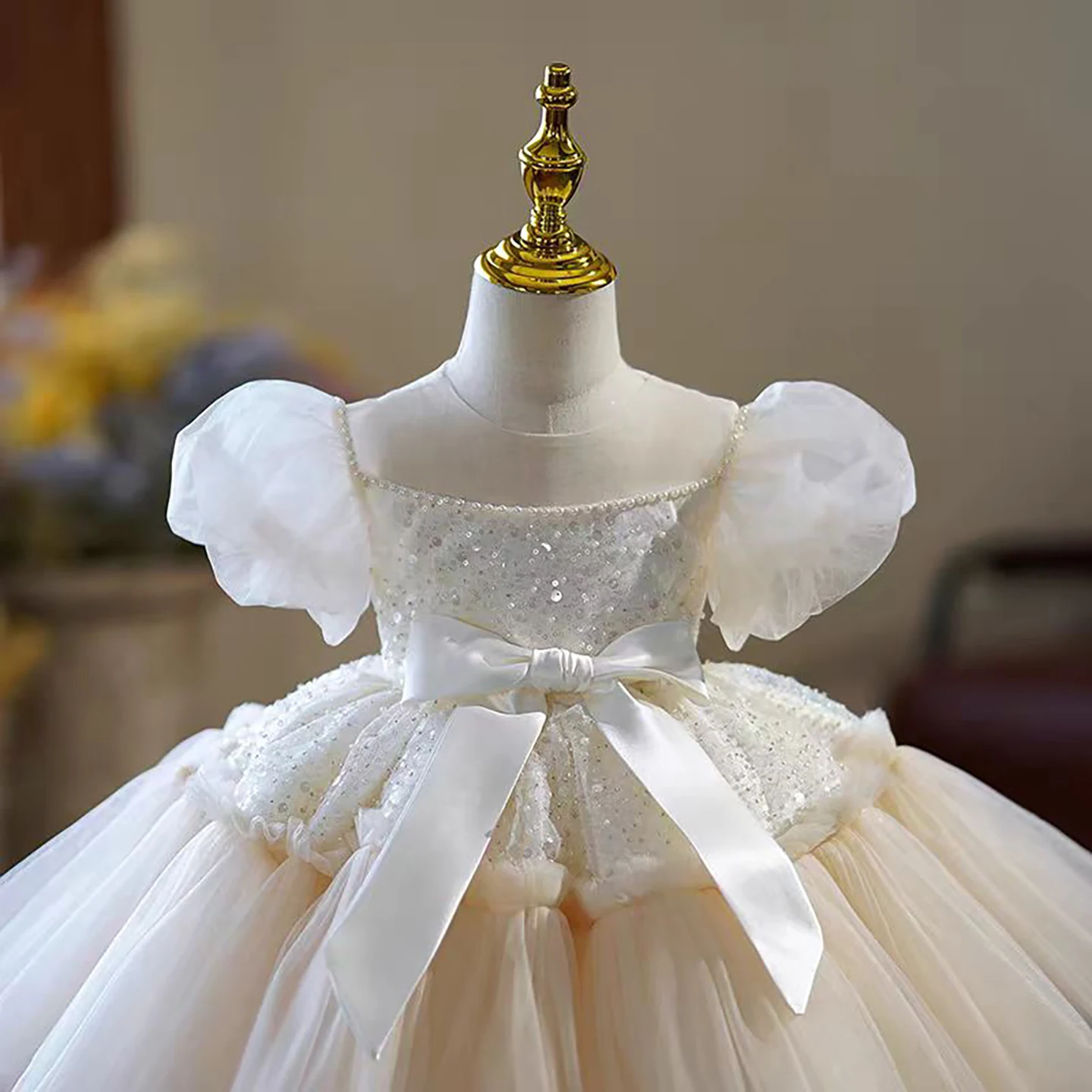 Dreamy Vow J762 Elegante abito bianco da ragazza con fiocco e perle per bambini di 1 anno, matrimonio, compleanno, comunione, festa, ballo di fine anno