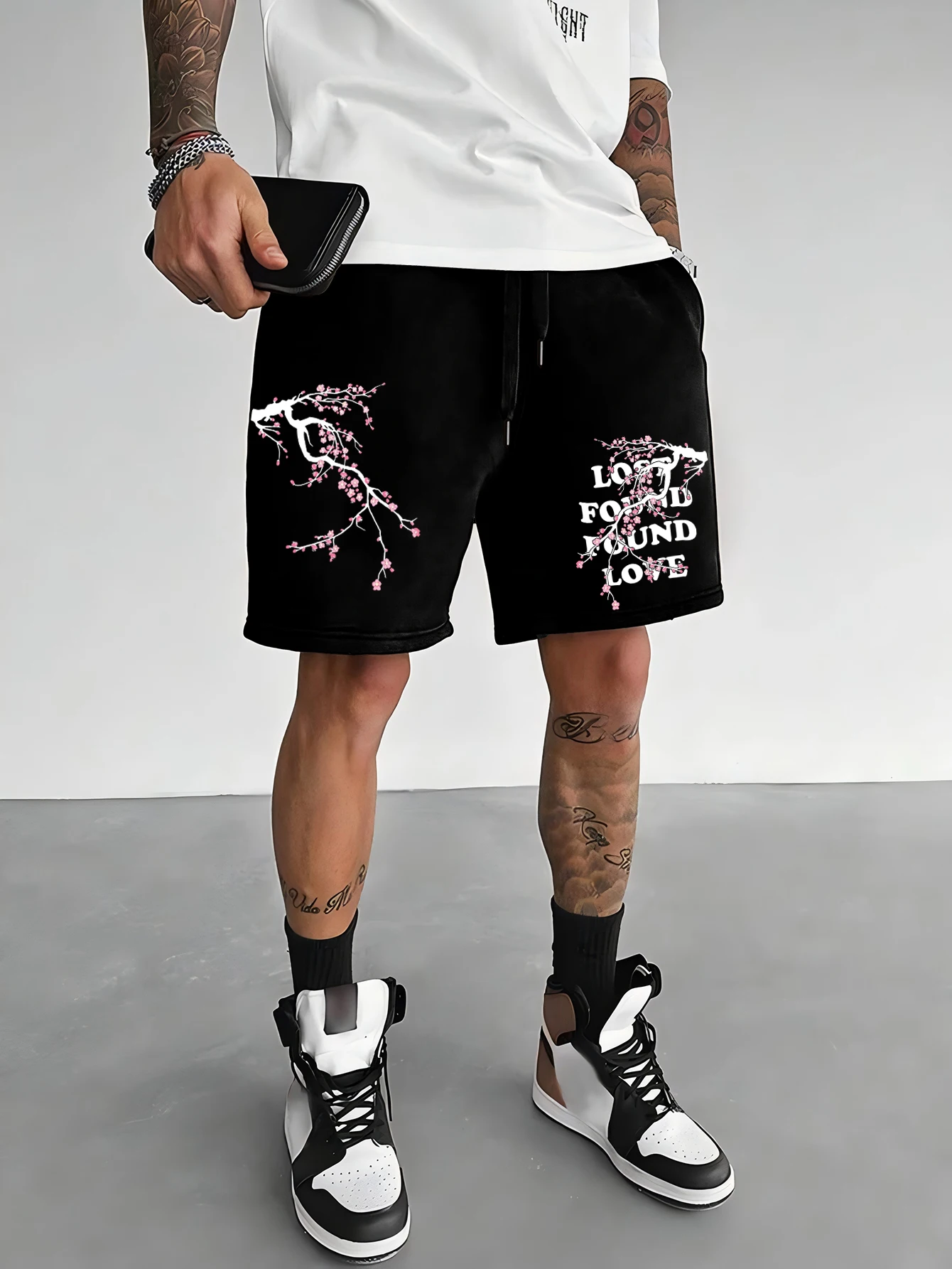 

Men's Loose Fit Japanese Streetwear Shorts Brand Cherry Blossom Sakura Lost Found Love Graphic Print Elastic Waist Drawstring Ca