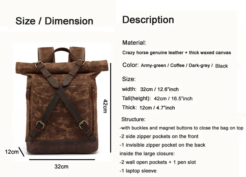 Canvas Waterproof Waxed Backpack Men Leather Women Rucksack Travel Bagpack large Teenager School Bag male knapsack