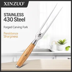 XINZUO 153mm Forged Carving Fork 430 Stainless Steel Carving Tools Roasting Fish Fork Outdoor BBQ Comfortable Wood Handle