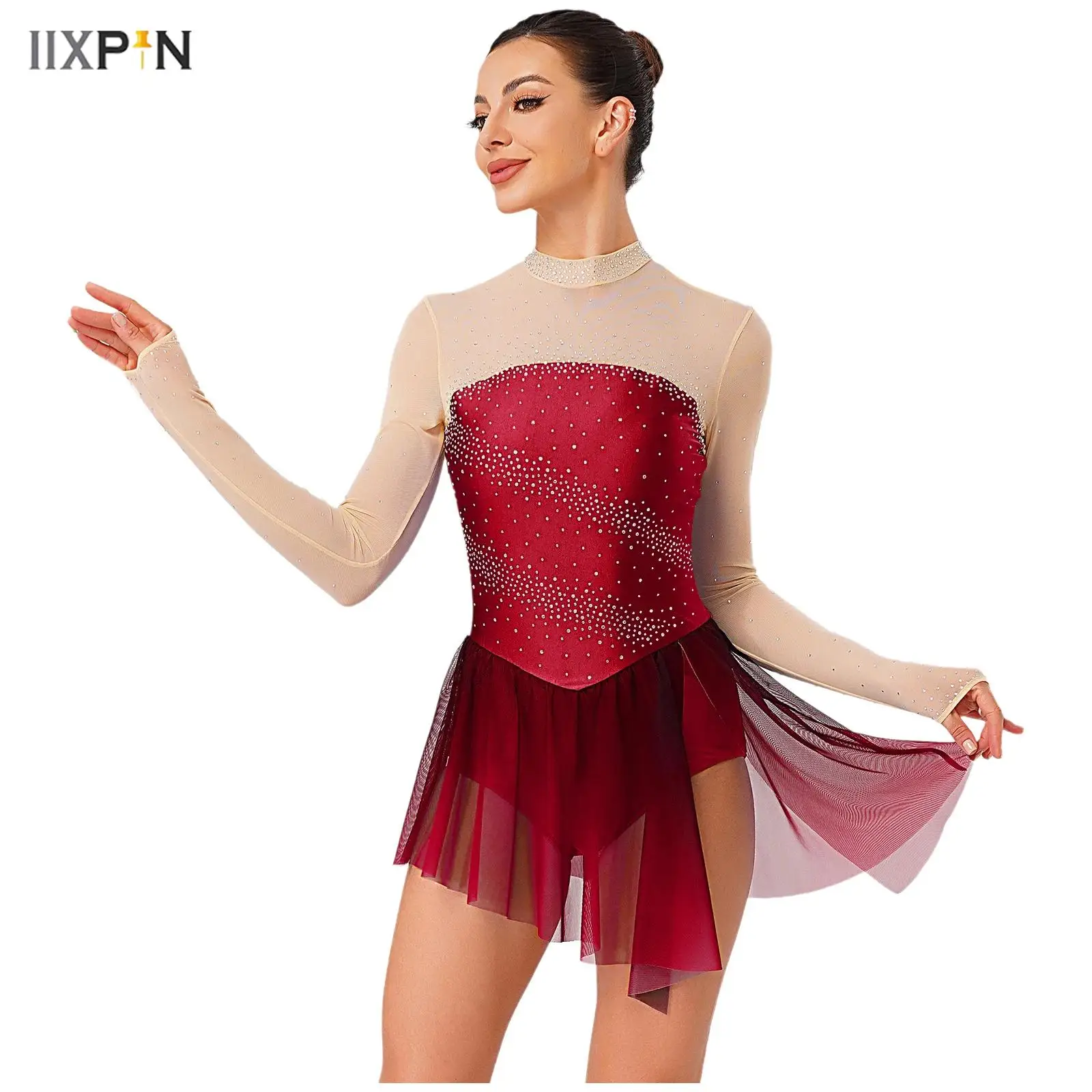 

Womens Figure Skating Dress Rhinestones Sheer Mesh Patchwork Gradient Skirt One-piece Bodysuit Dress Ballet Gymnastics Leotard