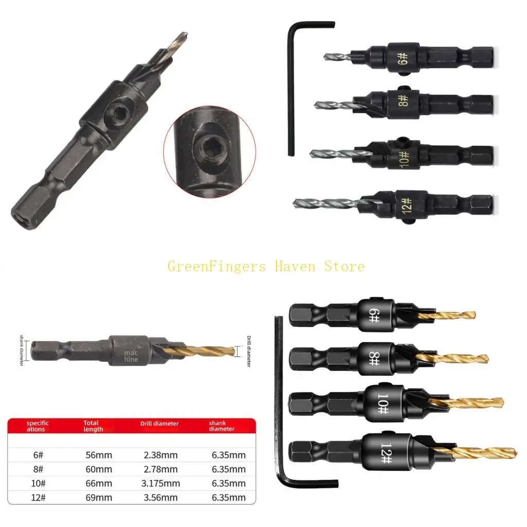 F68D 4Pcs Drill Bit Countersink Woodwork Hole Cutter Screw Aluminum Plastic