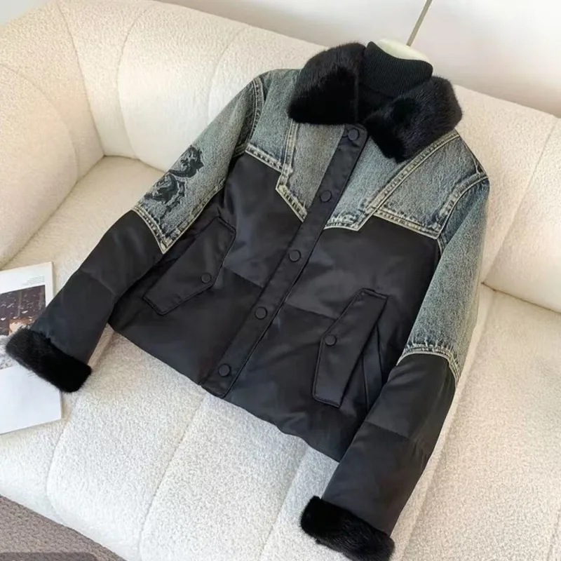 ANJY automne hiver nouvelles femmes Chic Denim broderie Patchwork conception col de fourrure doudoune à la mode élégant ajustement rembourré manteau A15720
