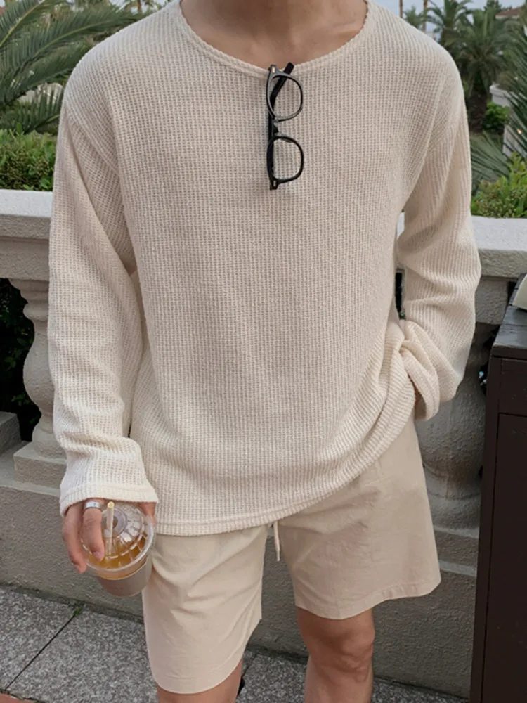 

SYUHGFA Men's T-shirts Long Sleeves New 2025 Summer Solid Color Trendy Niche Design Round Neck Pullover Stylish Male Casual Tops