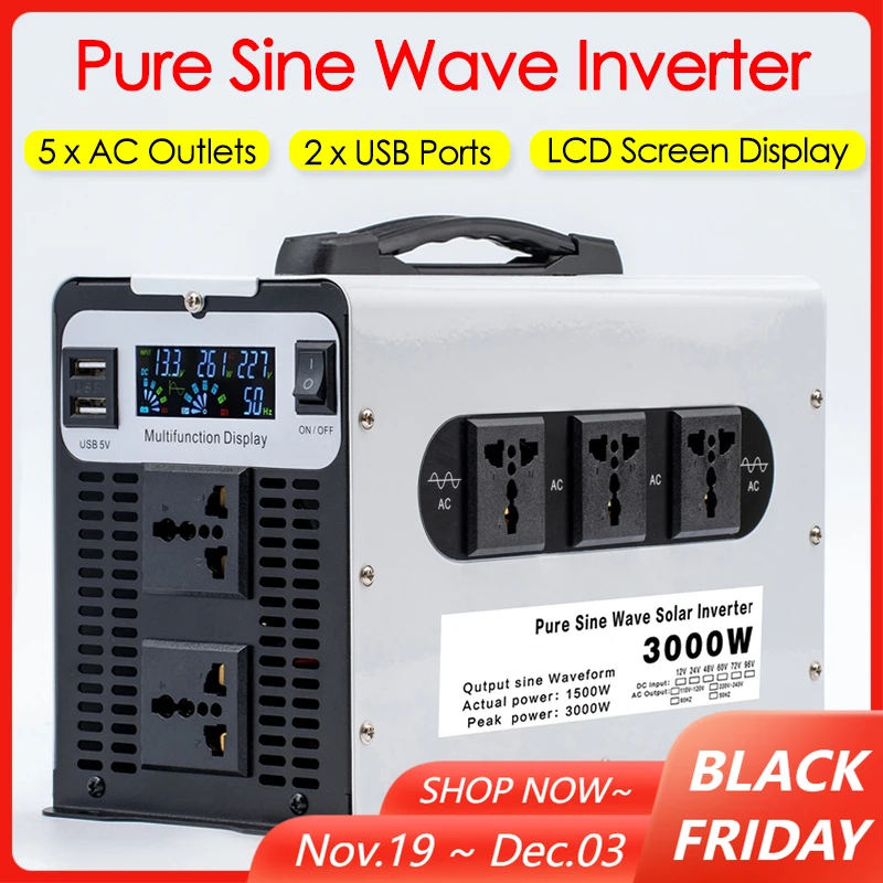 

Pure Sine Wave Inverter 12/24/48/60/72V To 220V 3000W DC To AC Power Converter Car Solar Inverter LCD Display with 5*AC Outlets