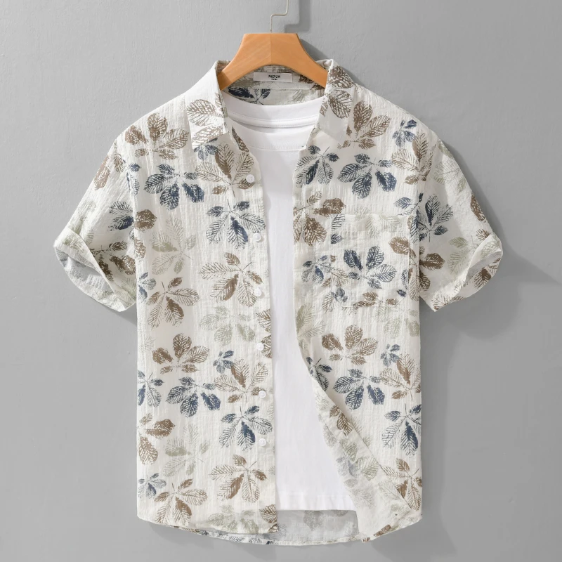 

2026 Summer New Casual Printed Breathable Linen Short Sleeve Shirt for Men Clothing Slim Turn-down Collar Summer Shirt