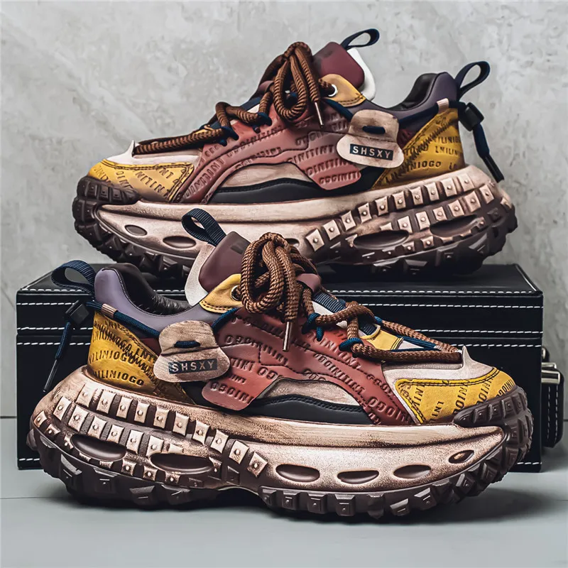 New Exquisite Sneakers Lace up Color blocked Breathable Casual Shoes with Increased Height and Thick Bottom Men's Running Shoes
