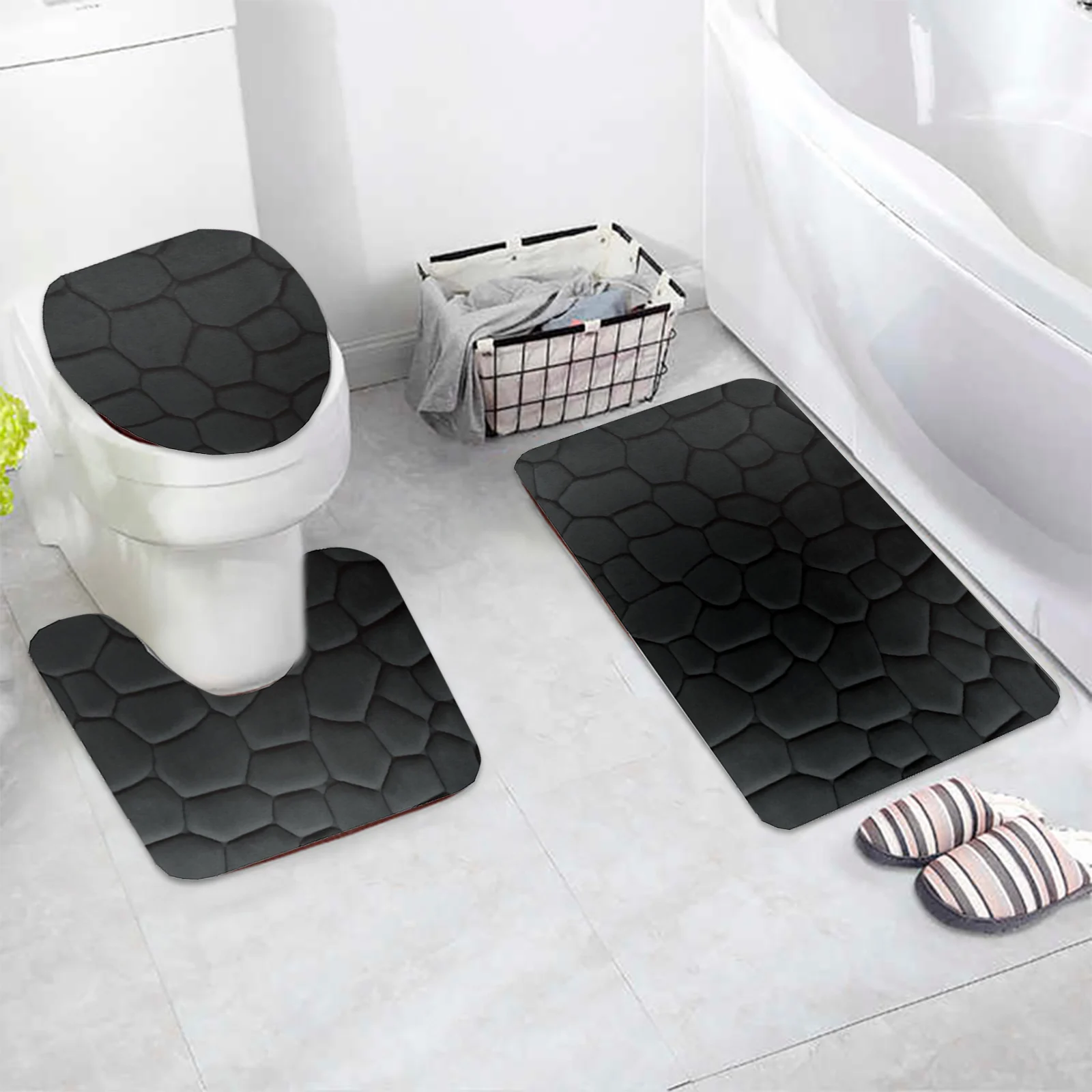 3 Piece Rock Memory Foam Bathroom Mat Set Flannel Embossed Rug Mat Toilet Lid Cover 19 Rug for Bathroom Floor Large