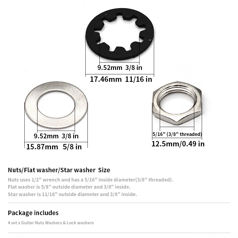 4-12Set 3/8-inch Potentiometer Mounting Nut and Washer Set with Internal Tooth Lock Washers – Guitar and Bass Control Hardware