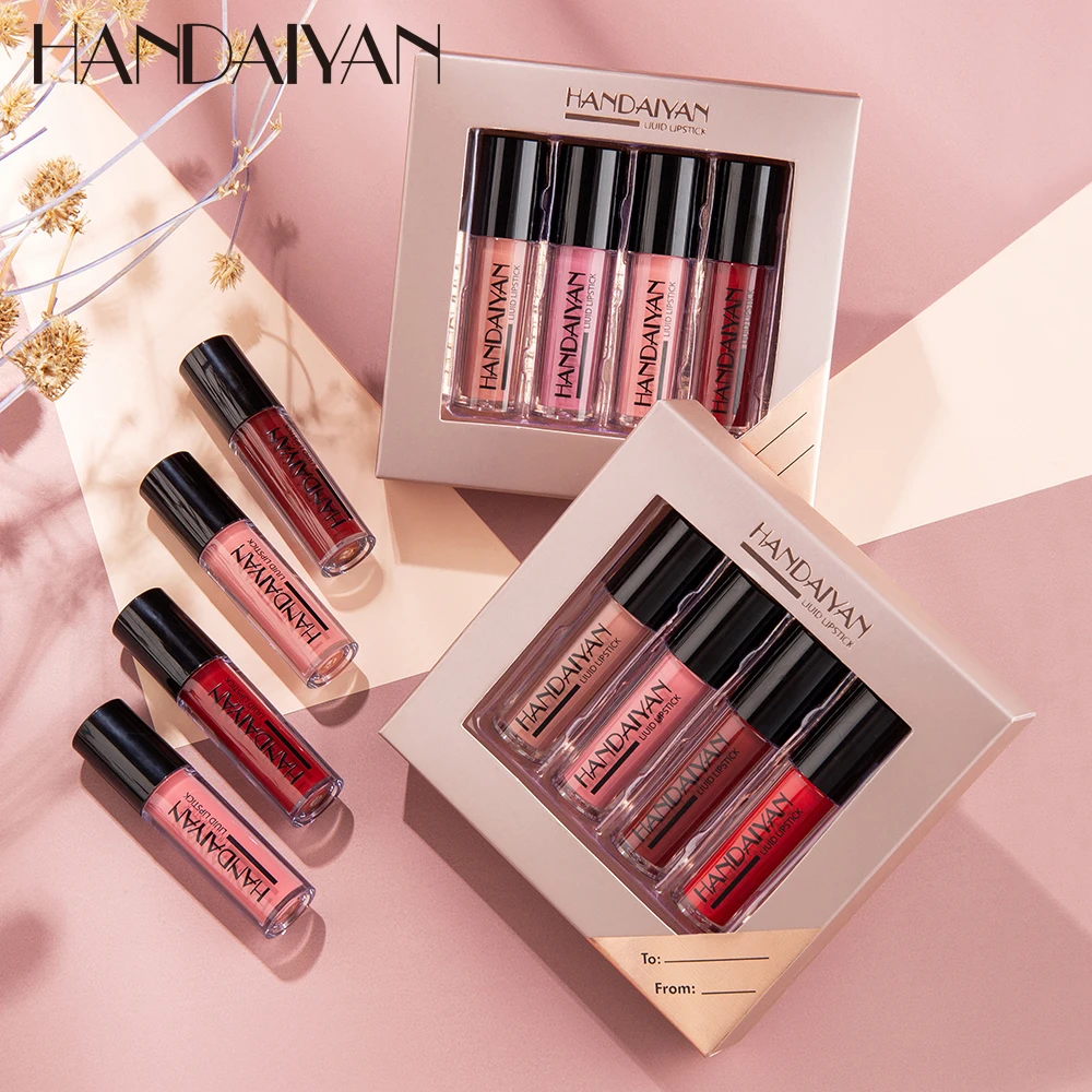 HANDAIYAN 4 Farben/box Matt Flüssigen Lippenstift Kit Frauen Make-Up Set Matt Lippenstift Lippen Make-up Kosmetik Farbton Lip glanz Wasserdicht