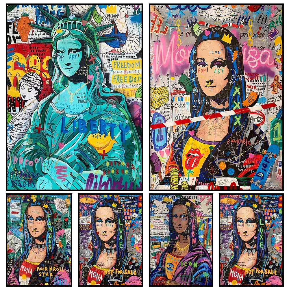 

Pop Street Graffiti Wall Art Poster Mona Lisa Portrait Statue Of Liberty Mural Modern Home Decor Painting Canvas Picture Prints