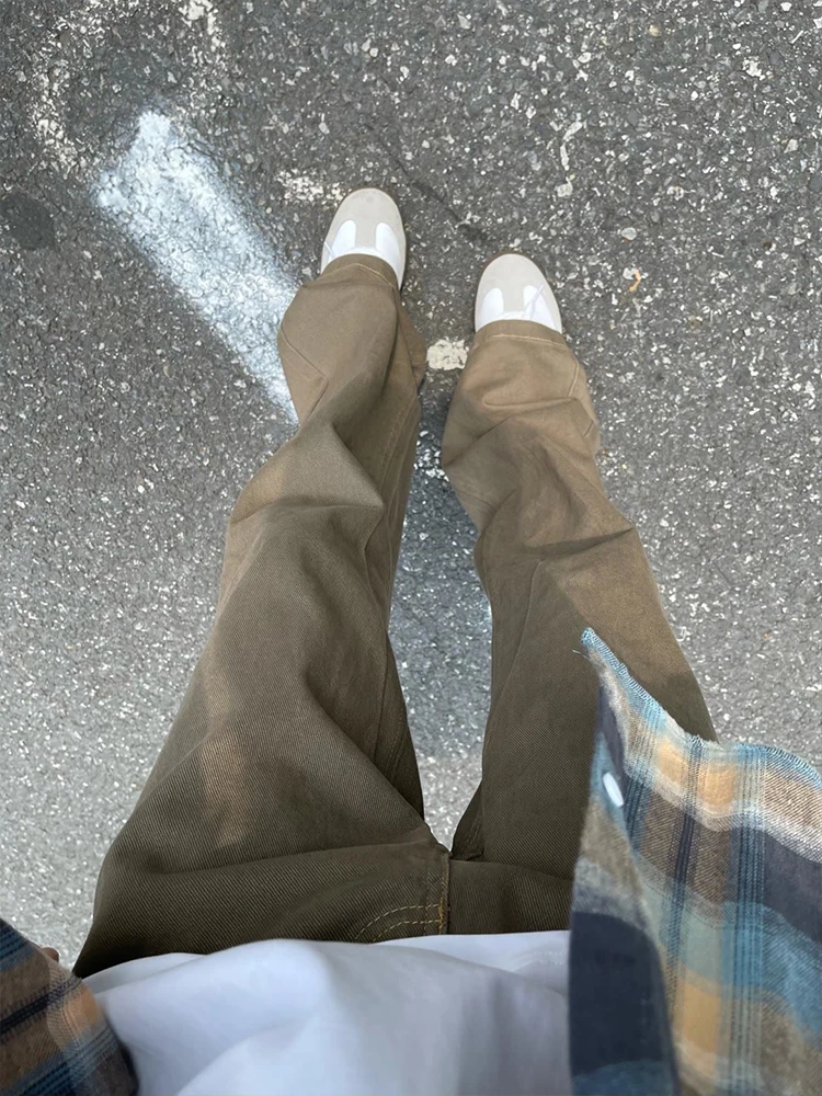 American Retro Brown Denim Jeans Men's Straight Leg Vintage Cleanfit Pants Micro Flared Workwear Trousers High Waist Long Pants