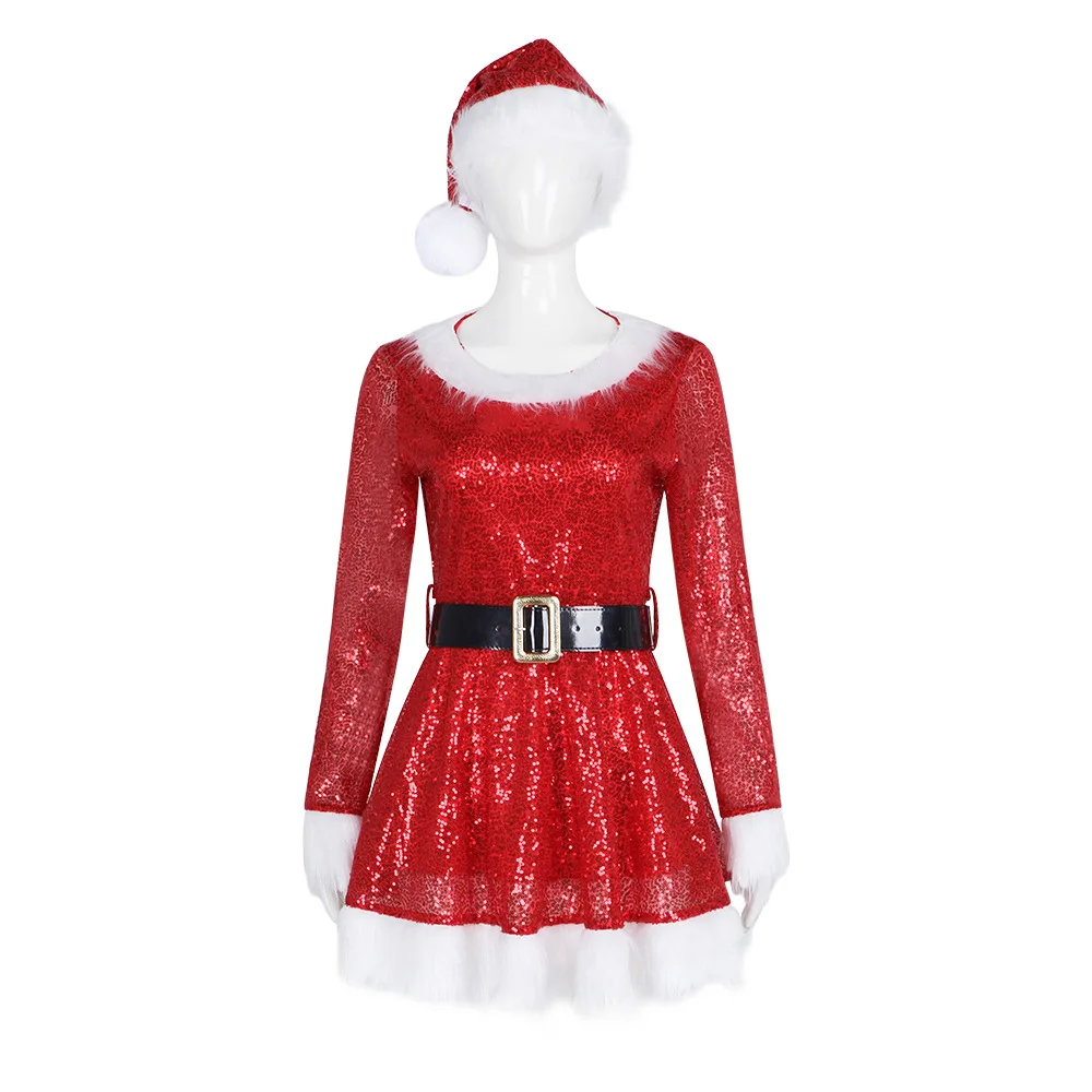 

Women Plush Trim Sequins Long Sleeve Off Shoulder Dress Party Costume Christmas Costume Santa Cosplay Dress