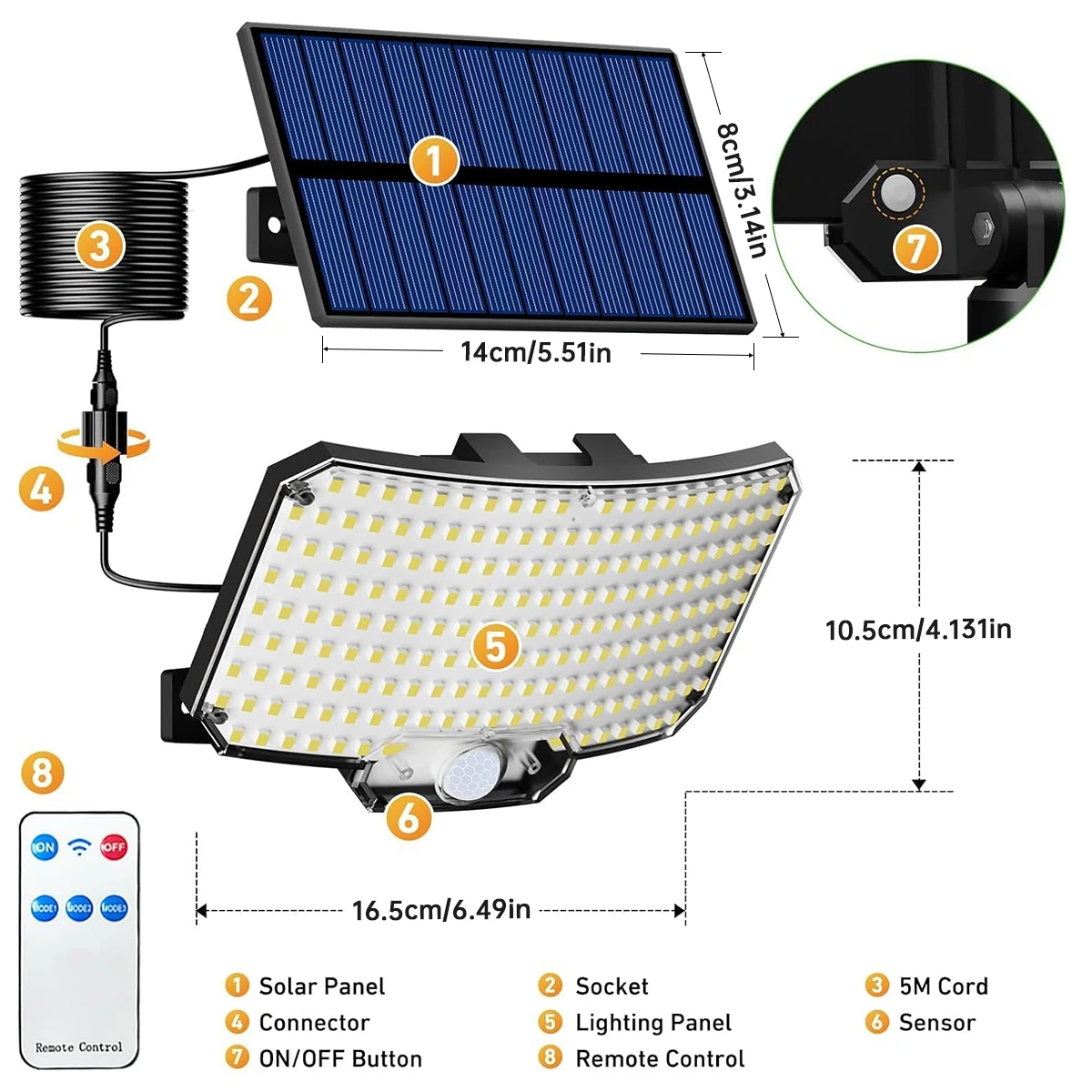 Luci solari per esterni 234LED 3 modalità luci di inondazione con sensore di movimento con luci solari di sicurezza impermeabili IP65 a distanza per