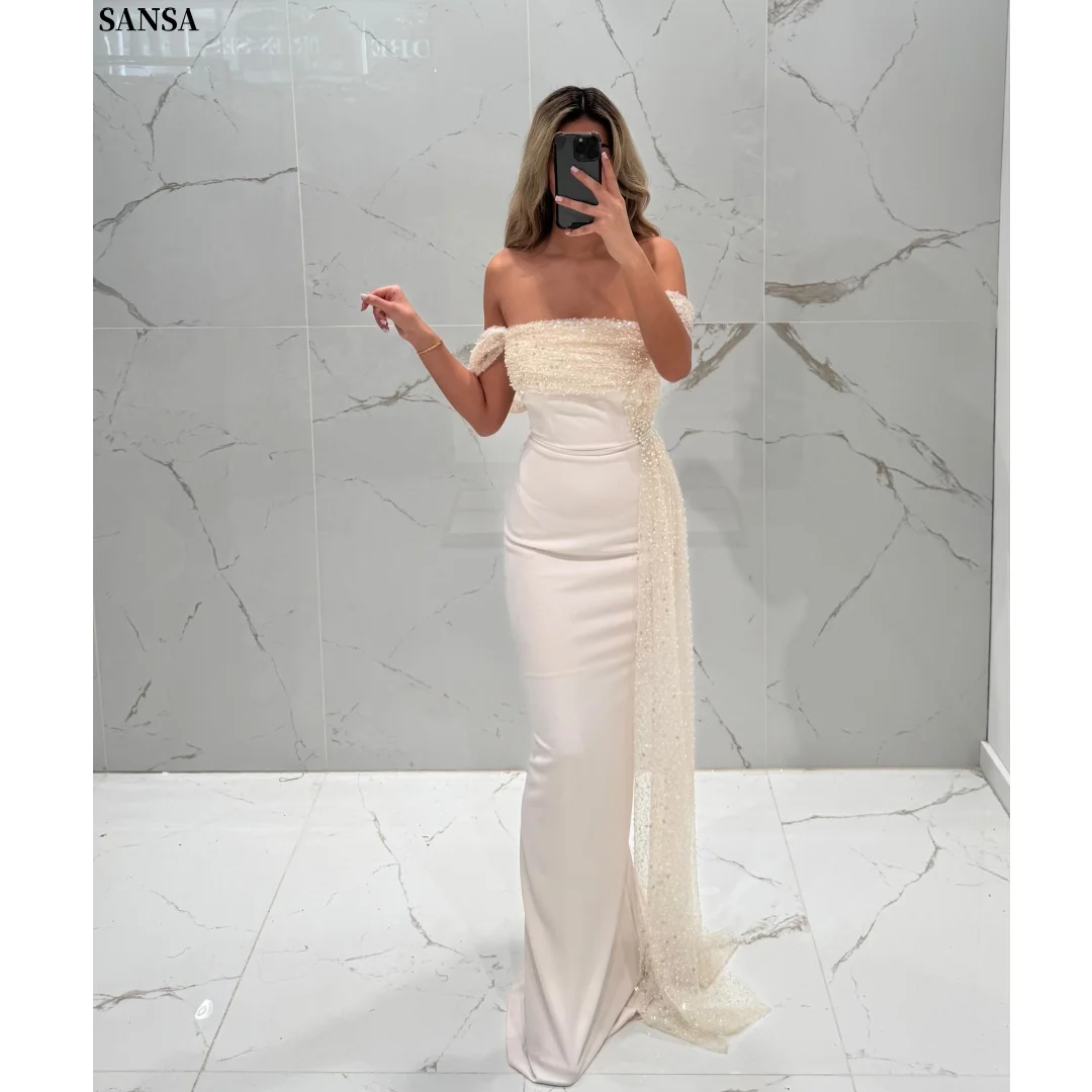 

Sansa Customized 2026 Elegant Ivory Off Shoulder Prom Dresses Beaded Satin Mermaid Train Formal Evening Gowns Vestidos De Noche