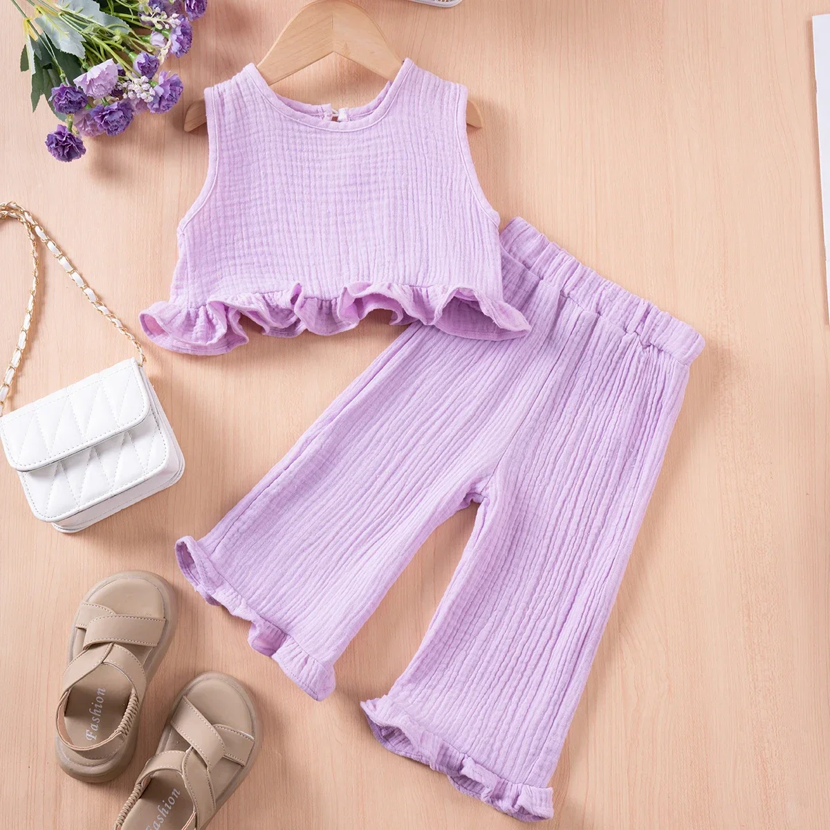 Girls Set Summer Solid Color Sleeveless Top+Long Pants 2Pcs Pure Cotton Comfortable Children\'s Clothing Wholesale