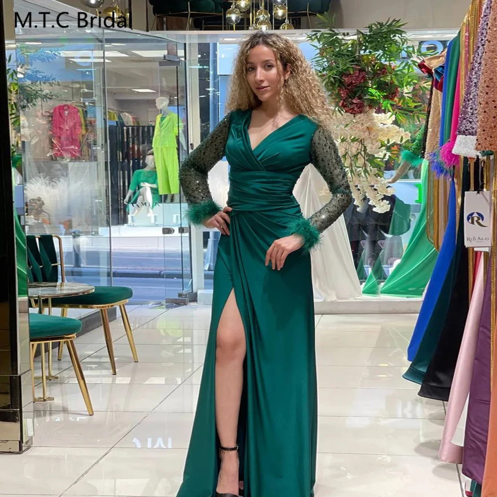 Charming Full Sleeves Green Formal Evenining Dress V Neck A Line shiny Beading Tulle Long Party Prom Gowns Custom Made