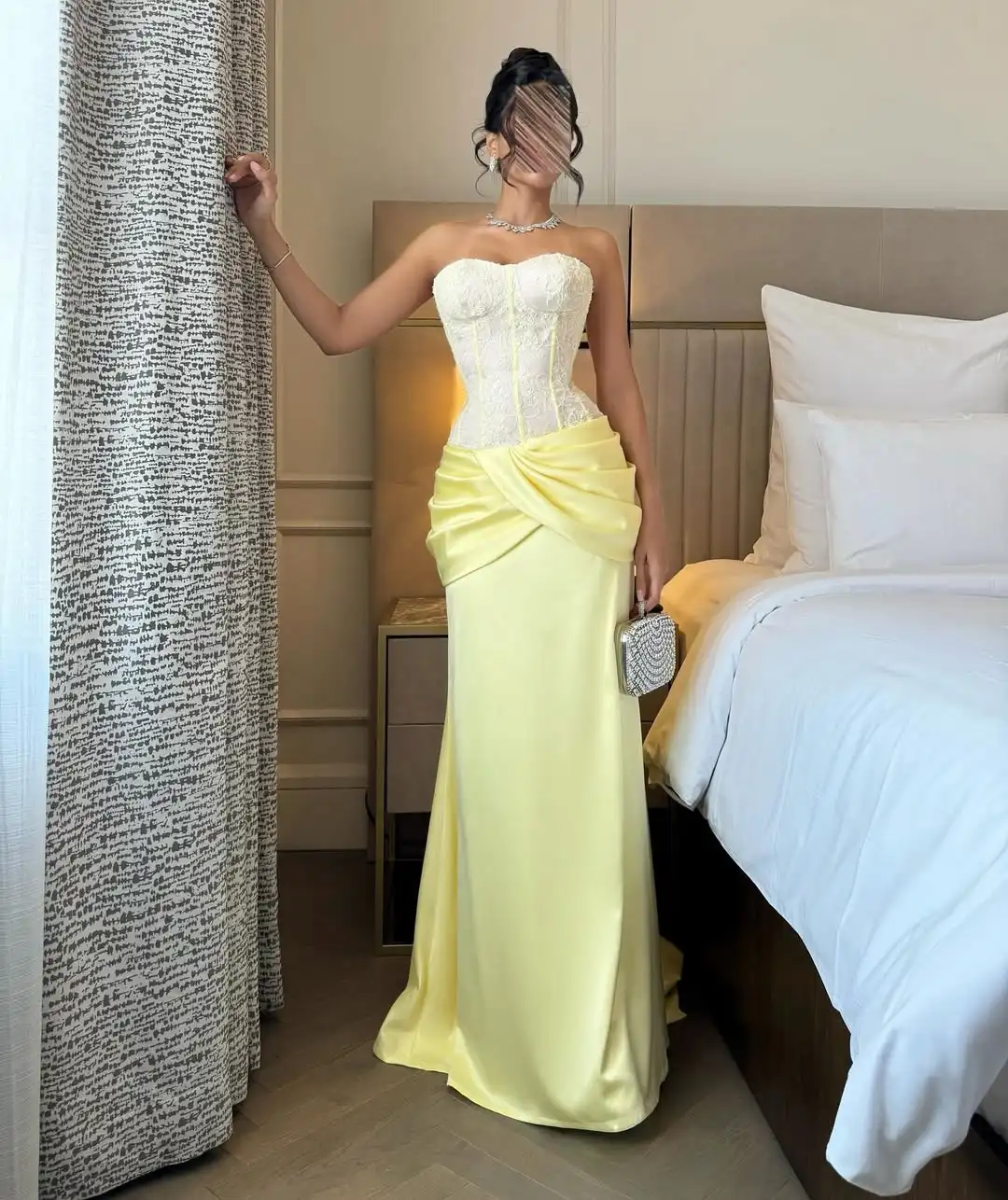 

New Design Sexy Strapless Lace Corset Satin Ruched Straight Train Waist Pleated Charming Evening Prom Formal Party Dress