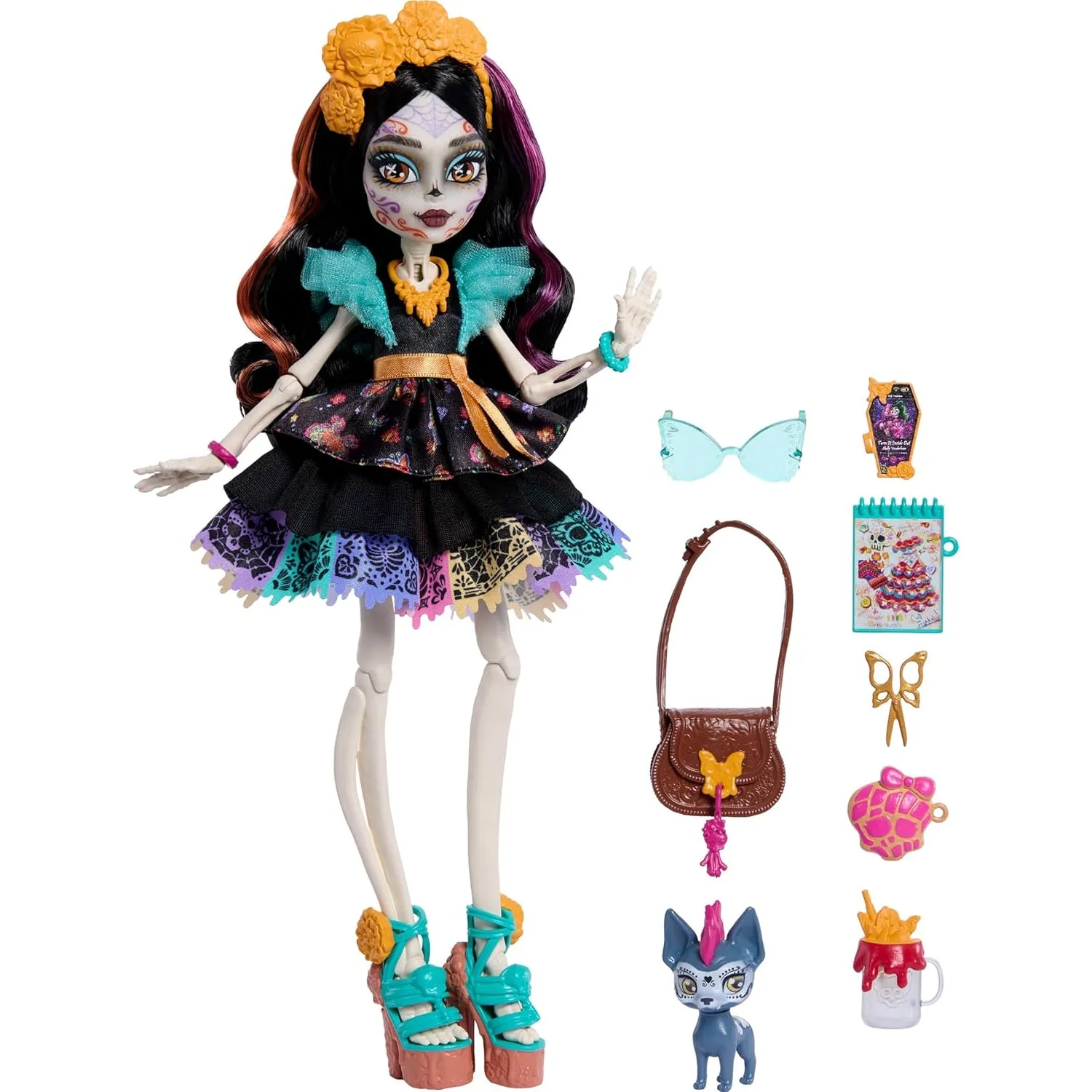 2026 New Original Mattel Monster High Doll Skelita Calaveras Colorful Papel Picado Dress  Pet Dog Candelita 7 Accessories JHK34