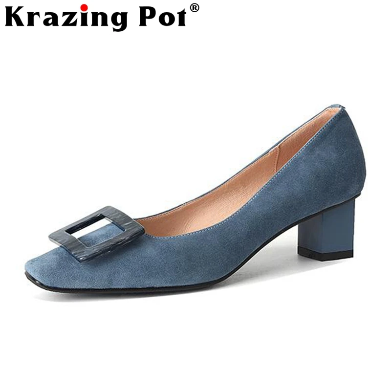 

Krazing Pot Sheep Suede Square Toe Med Heels Summer Shoes Dating Mature Shallow Square Fastener All-match Slip on Maiden Pumps