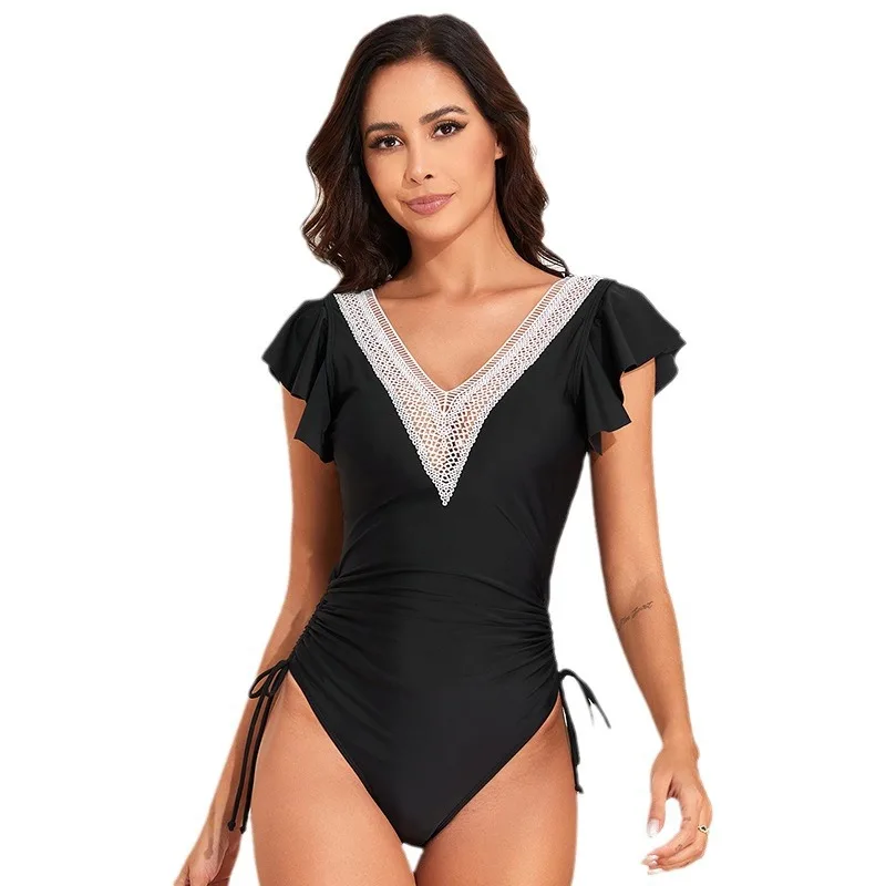 2024 new sexy high waist flying sleeve one-piece bikini solid color swimsuit gathered drawstring bikini summer beach swimsuit