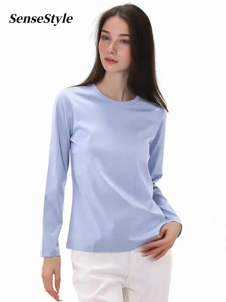 Camiseta de Manga Longa em Seda de Amora e Algodão para Mulheres, 6% Seda, Decote Redondo e Decote em V, Tops Básicos Soltos e Suaves