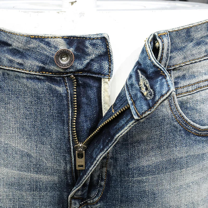 Italian Style Fashion Men Jeans High Quality Retro Washed Blue Stretch Slim Fit Ripped Jeans Men Vintage Designer Denim Pants