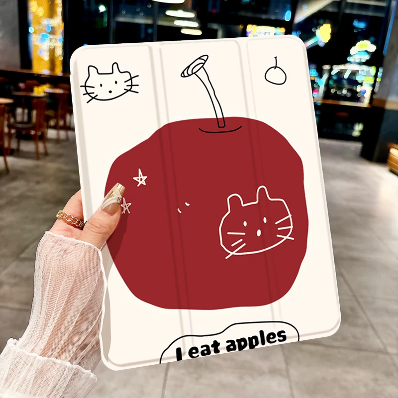 ins cat eat apple pattern tri-fold Tablet CASE For iPad pro 10/11/2020/6th/7th /8th /Air 3rd/Air 4th/9th gen/Air 5th Gen 2022/Ai