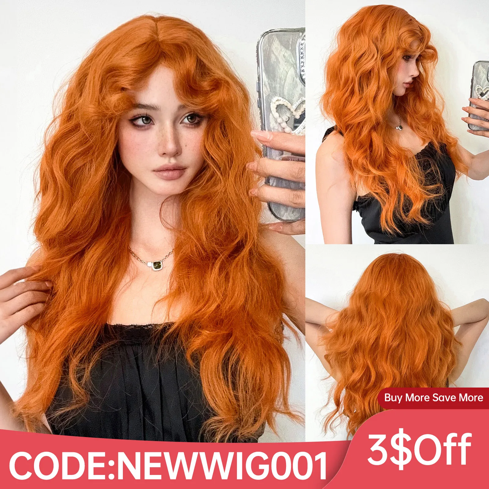 Party Wigs for Girls Fluffy Curly Hair with Bangs Orange Synthetic Wig for Women Cosplay Wigs Natural Daily Heat Resistant Fiber