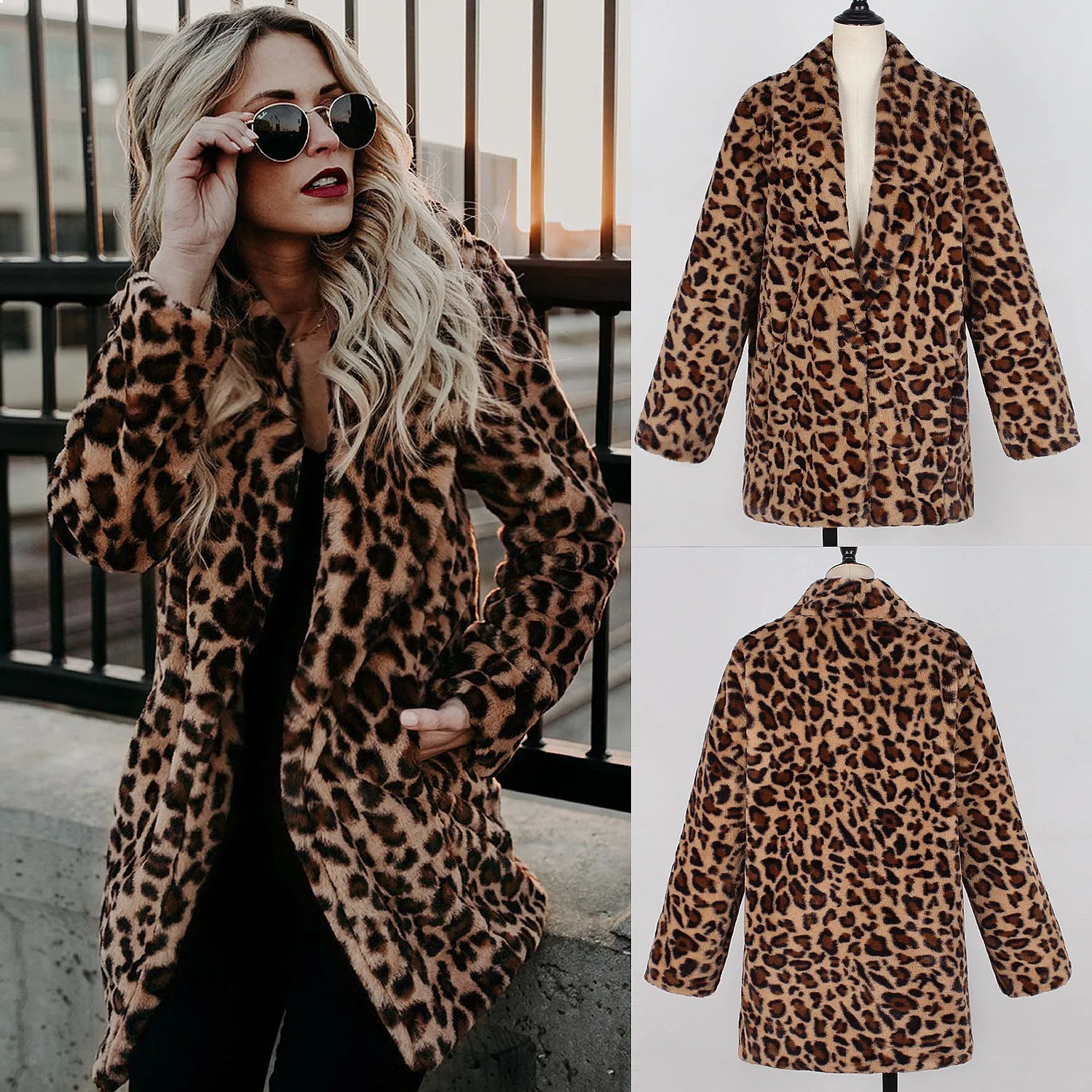 Women Faux Fur Coat Winter Warm Leopard Print Lapel Long Coats Outerwear