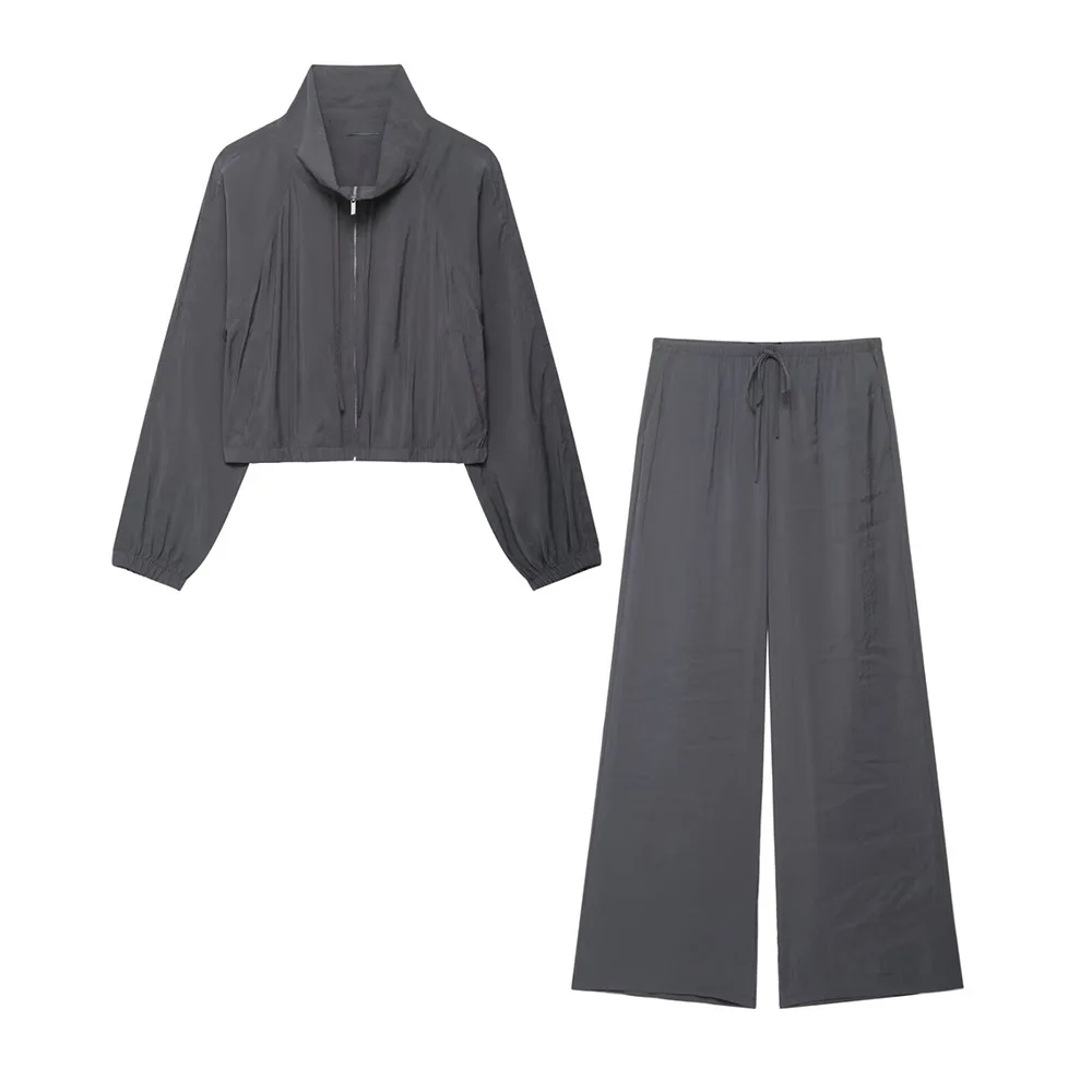 

Cross-border summer new trendy high-neck long-sleeved sweatshirt jacket hanging wide-leg pants set