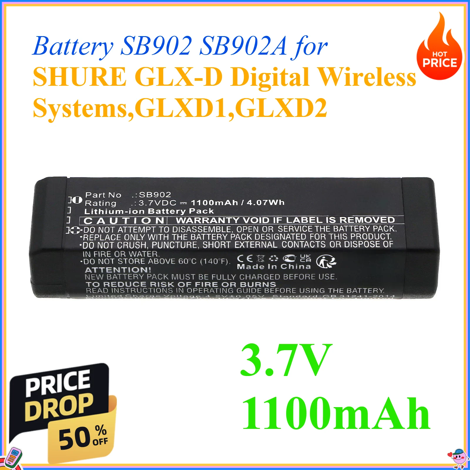 3.7V 1100mAh Battery SB902 SB902A for SHURE GLX-D Digital Wireless Systems,GLXD1,GLXD2