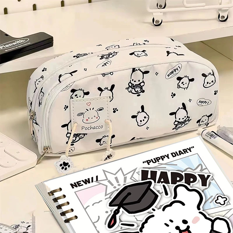 Kawaii Hello Kitty Pochacco Large Capacity Pen Bag Sanrio Cartoon Print Multi Layered Stationery Storage Bag Students Enter Gift