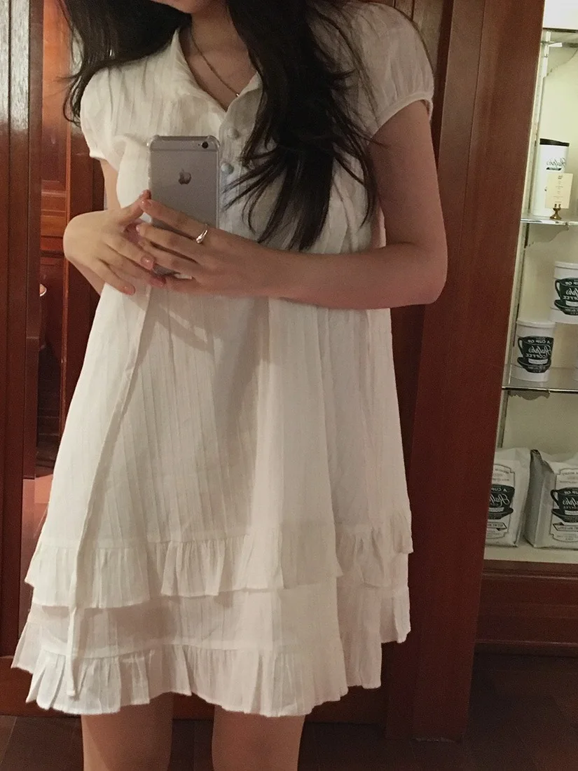 Chic White A-Line  Dr Women's Faionable Turn-down Collar Cute ort Sve Gown Korean Sle Princ Skirt for Date
