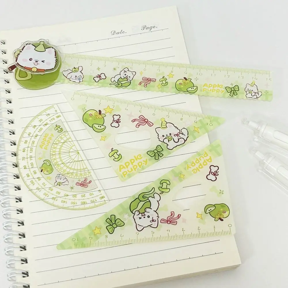 4pcs Cartoon Acrylic Ruler Set Red Kitten/Green Puppy Measurement Drawing Stationery Straight Ruler Set Square Gift