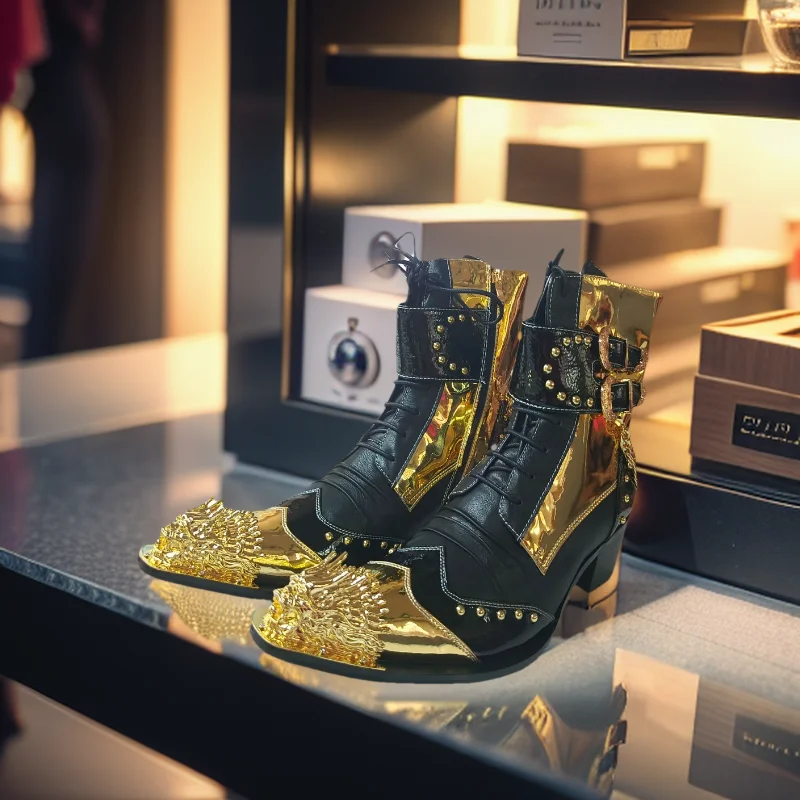 Spring High heel Men\'s boots Pointed Rivet Belt buckle Genuine Leather Model Catwalk Luxury Increase social contact high boots