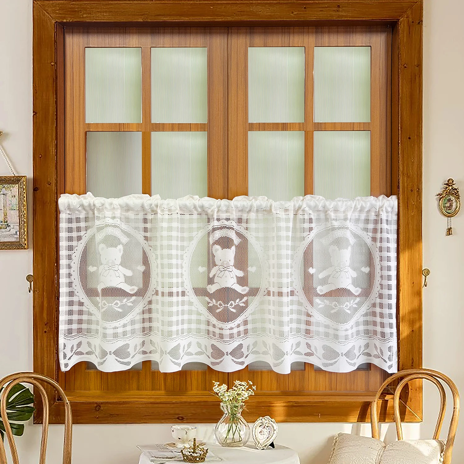 

Cute Bear Pattern Short Curtains, Kitchen Mesh Lace Curtains for Stores, Doorway Curtains 1 Panel Pole Pocket Top