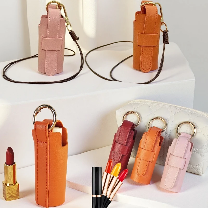 PU Leather Lipstick Storage Bag Key Chain Pendant Lipstick Perfume Bottle Portable Bag Key Chain Neck Mini Storage Bag Gift