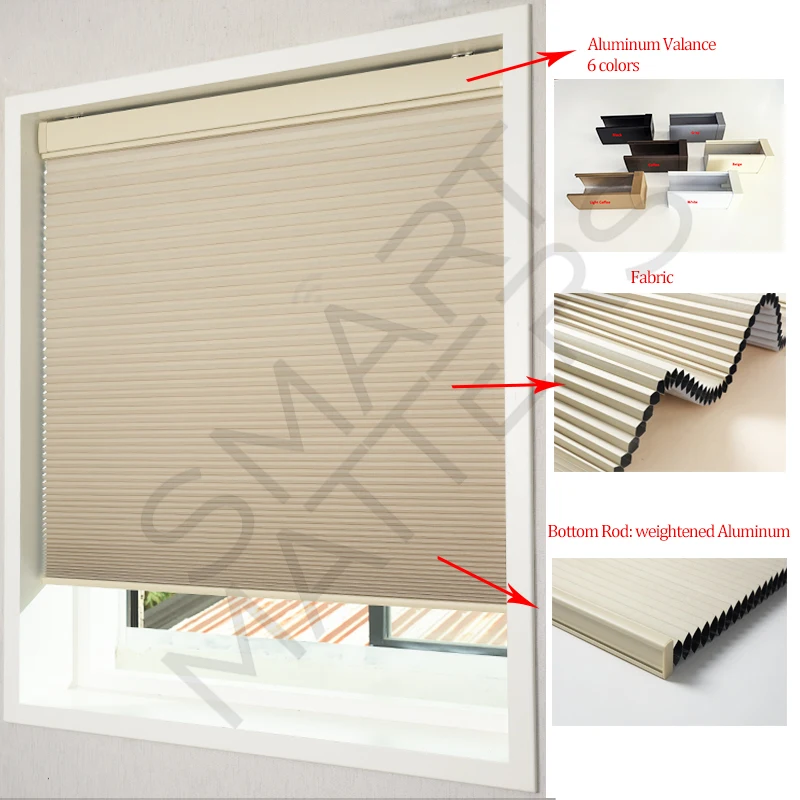 SmartMatters Double Cell Cellular Shades Motorized Smart Zigbee Honeycomb Blinds Work with Alexa, Wifi Tuya Control Custom Sizes