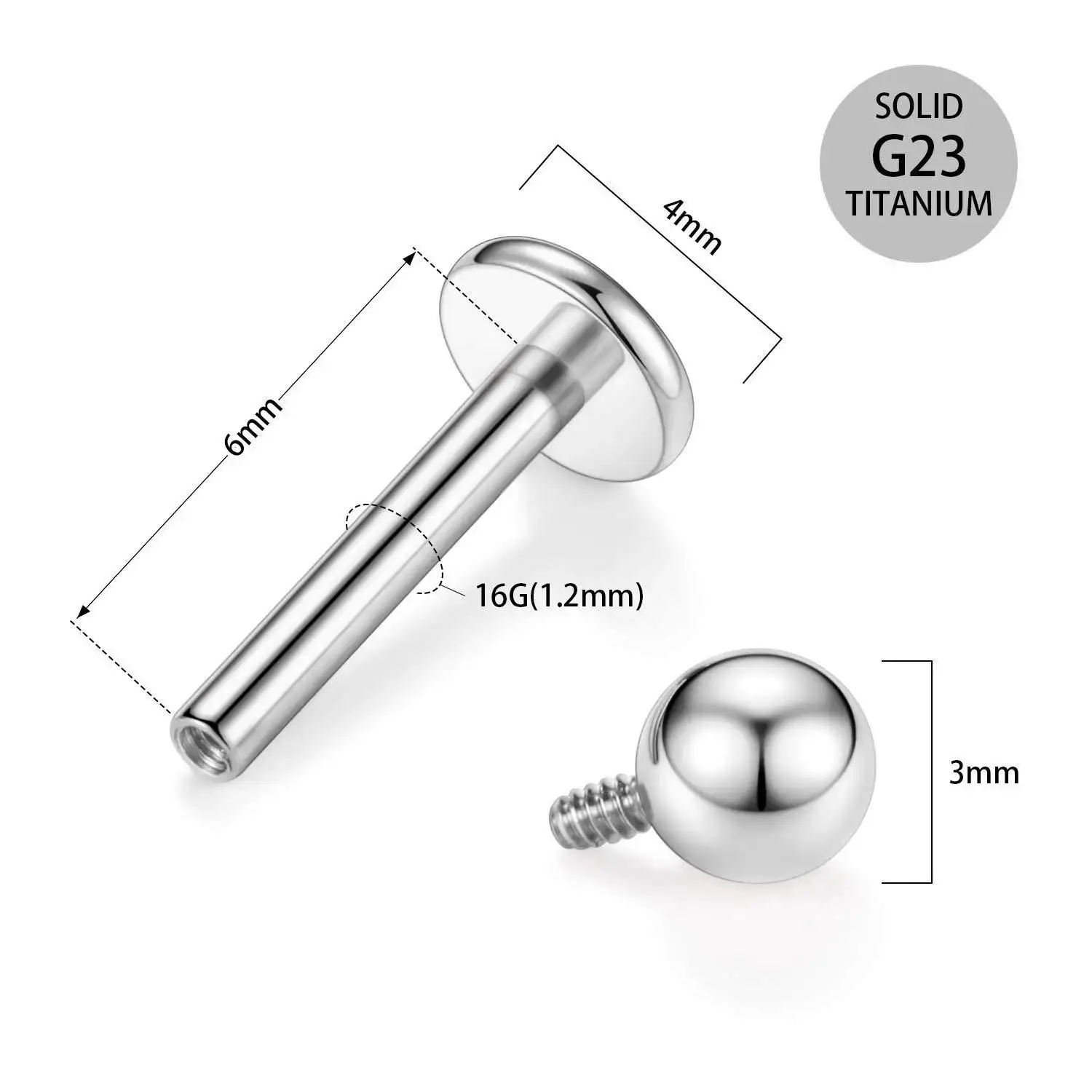 2Pcs G23 Titanium 16G 6/8/10mm Internally Threaded Labret Monroe Lip Studs Helix Cartilage Tragus Earring Piercing