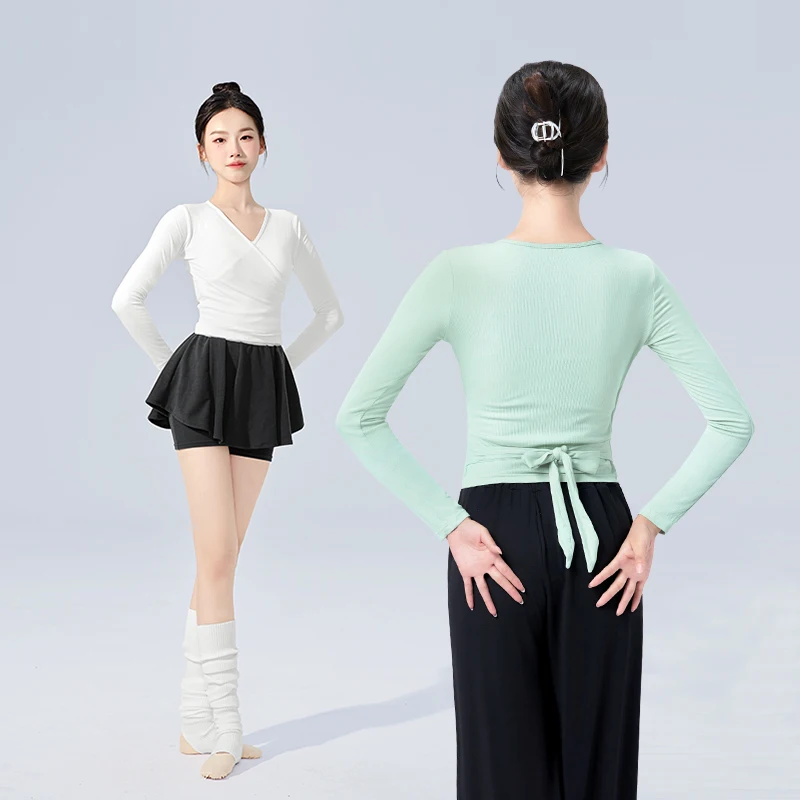 女性バレエトップスバレエジャケットダンスラップトップニット-v-ネック長袖ダンスシャツ包帯トレーニングダンストップス衣装