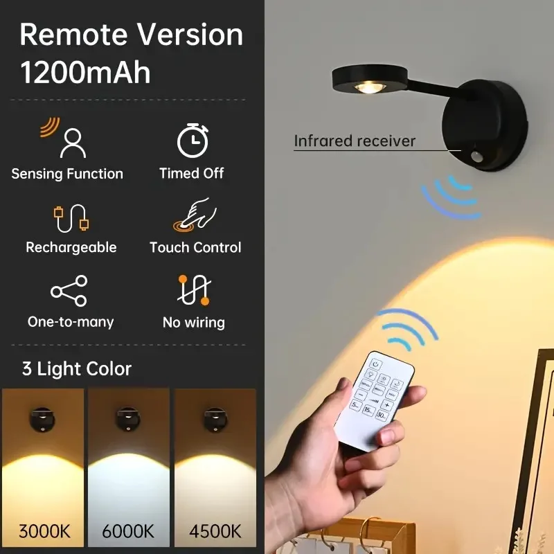 Luz de pared inalámbrica de detección humana inteligente recargable por USB, 3 colores, foco Led regulable para iluminación, pinturas, imágenes