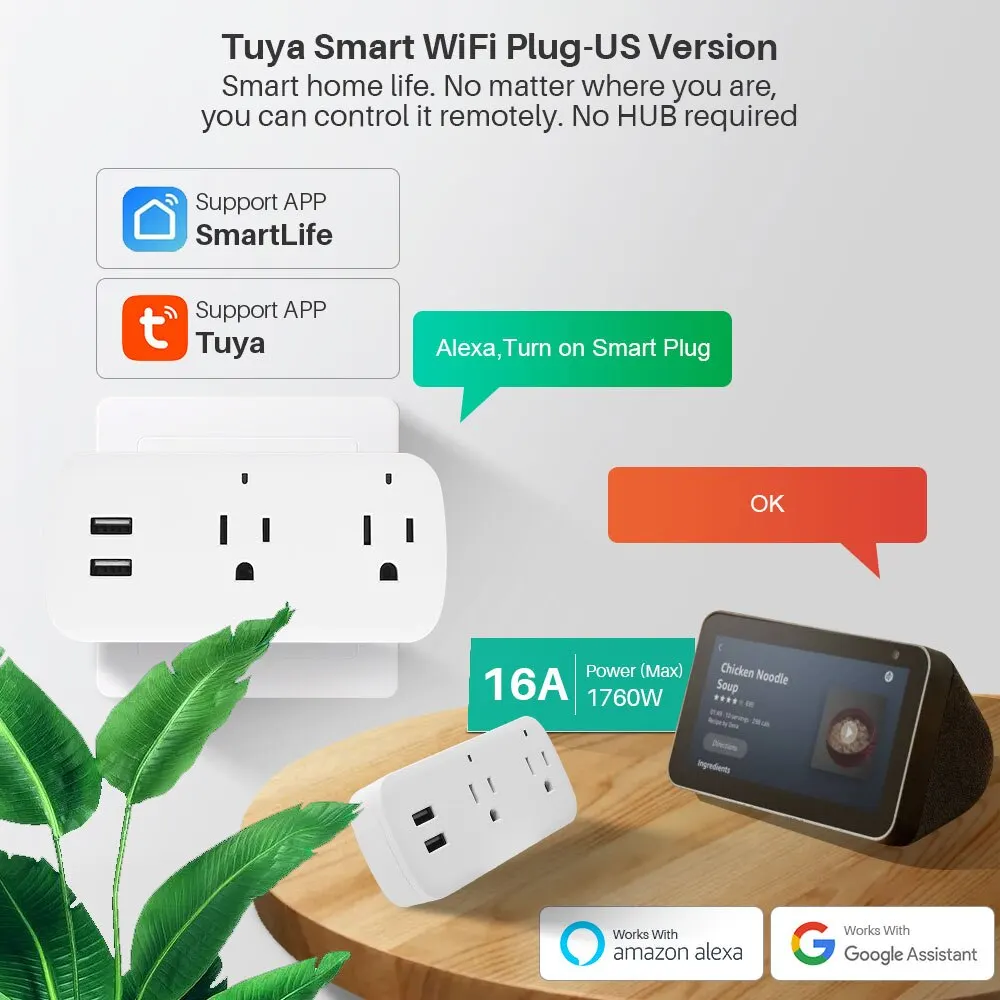 16A US Tuya Smart WiFi Plug Socket 2 Outlets 2 USB Ports With Timer Countdown Smart Life APP Remote Control Works With Alexa Goo