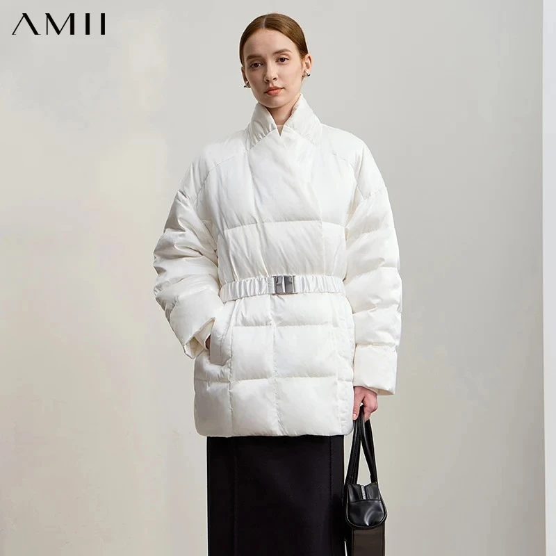 AMII Down Coats 2026 Winter New Stand-up Collar With Belt Long Sleeve Top Warm Straight Solid Color Down Jackets Woman 12544049