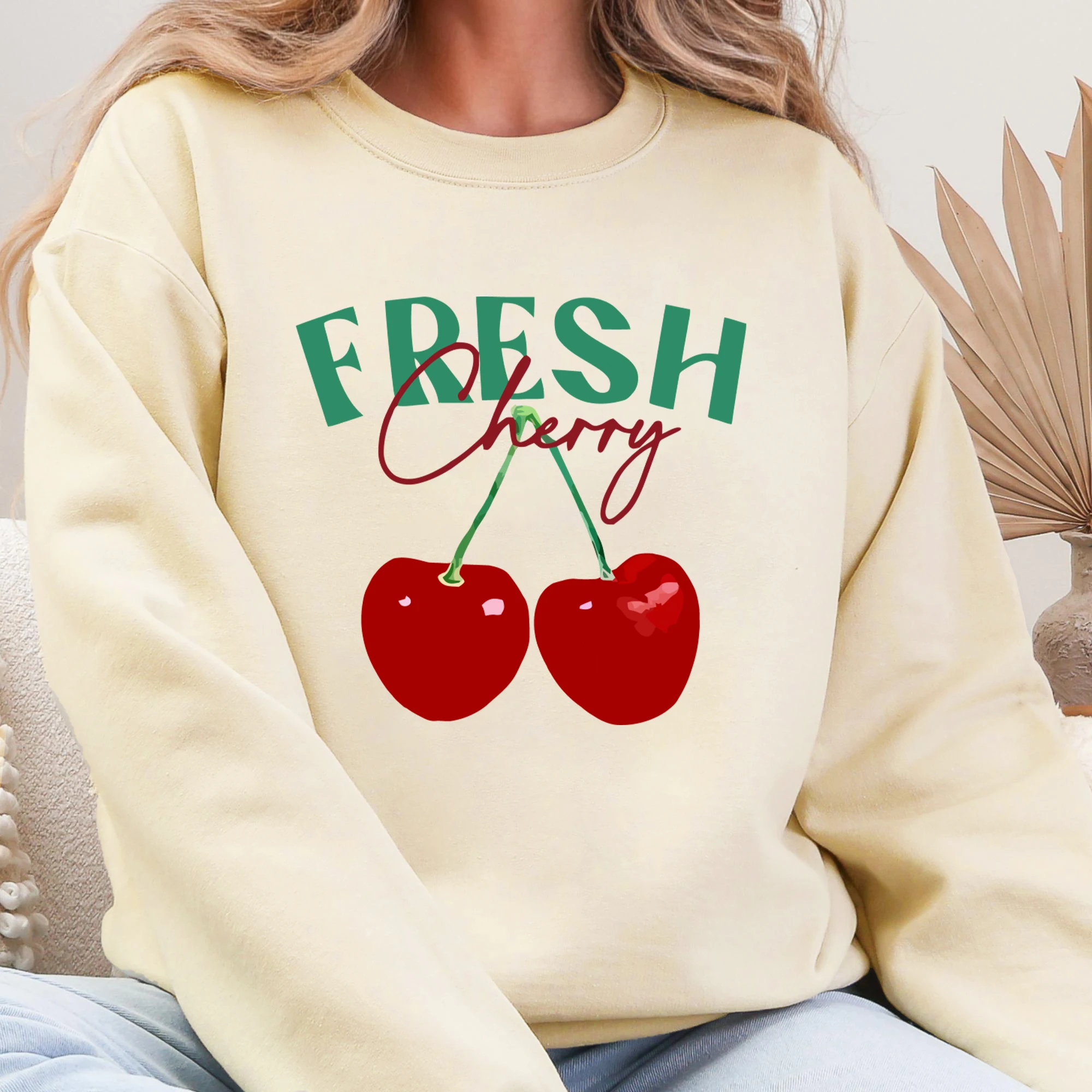 Jerséis creativos con estampado de fruta de cereza fresca para mujer, sudadera de otoño con cuello redondo, ropa de calle de moda, Top de lana, ropa informal holgada